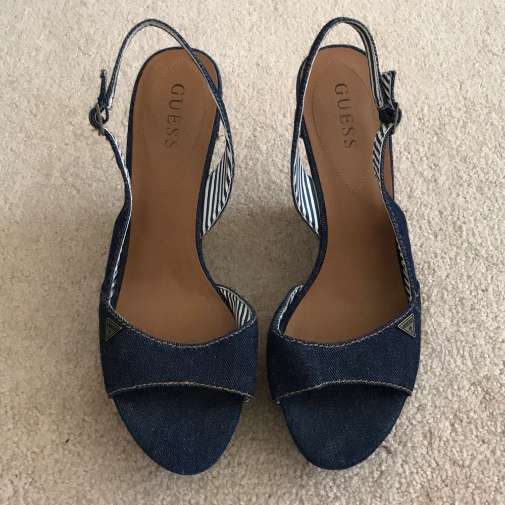 Denim GUESS wedges with ankle strap & peep toe